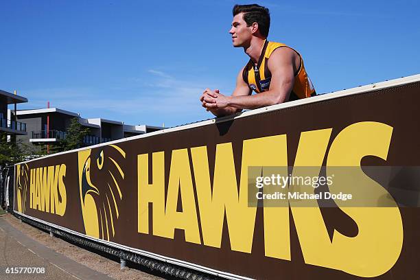 New recruit Jaeger O'Meara poses during a Hawthorn Hawks AFL media opportunity at Waverley Park on October 20, 2016 in Melbourne, Australia.