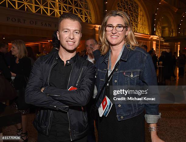 Roman Tsunder and President/CEO of A+E Networks Nancy Dubuc attend the Vanity Fair New Establishment Summit cocktail party at The Ferry Building on...