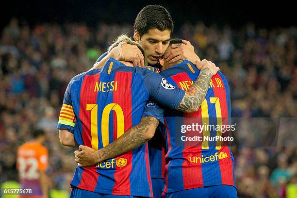 Leo Messi, Luis Suarez and Neymar Jr during the UEFA Champions League match between FC Barcelona and Manchester City in Barcelona, on October 15,...