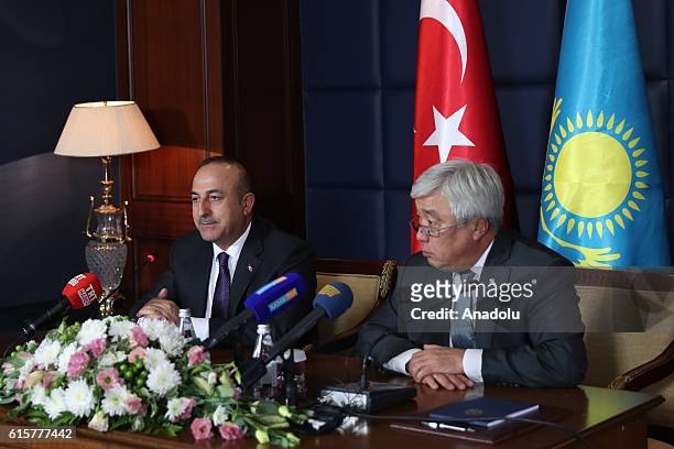 Turkish Foreign Minister Mevlut Cavusoglu and the Kazakhstan's Foreign Minister Erlan Idrissov hold a joint press conference following their meeting...