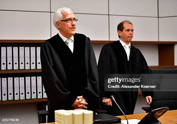 Judge Frank Rosenow stands in court at the first day of trail against Safia S. At the Oberlandesgericht Celle courthouse on October 20, 2016 in...