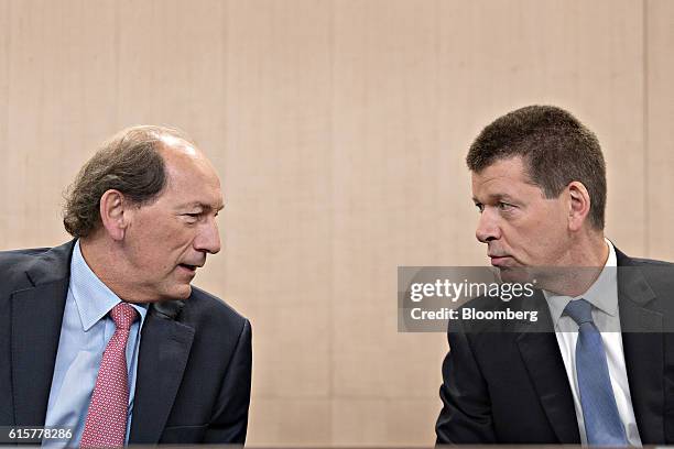 Paul Bulcke, chief executive officer of Nestle SA, left, and Francois-Xavier Roger, chief financial officer of Nestle SA, speaks during a news...