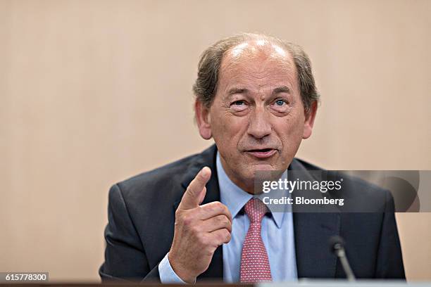 Paul Bulcke, chief executive officer of Nestle SA, gestures as he speaks during a news conference to announce the company's third quarter results at...