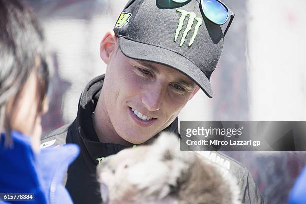 Pol Espargaro of Spain and Monster Yamaha Tech 3 jokes with a koala in paddock during previews ahead of the 2016 MotoGP of Australia at Phillip...