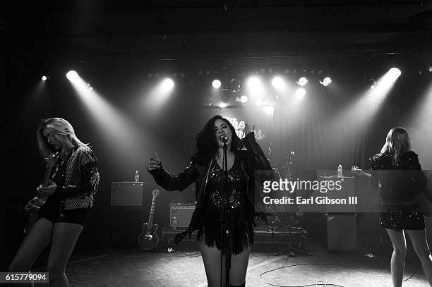 Pyper America Smith, Starlie Smith and Daisy Smith members of the band The Atomics perform at The Roxy Theatre on October 19, 2016 in West Hollywood,...