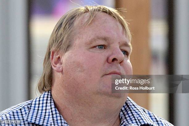 Trainer Shawn Mathrick after his horse My Naughty Hoaks won Dark Felt BM64 Handicap at Racing.com Park Racecourse on October 20, 2016 in Pakenham,...