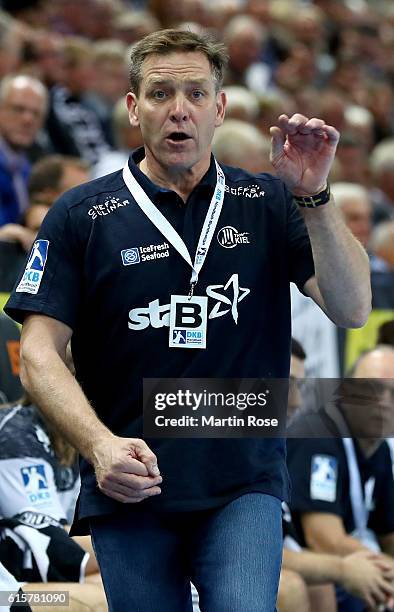 Alfred Gislason, head coach of Kiel reacts during the DKB HBL Bundesliga match between THW Kiel and TSV Hannover-Burgdorf at Sparkassen Arena on...