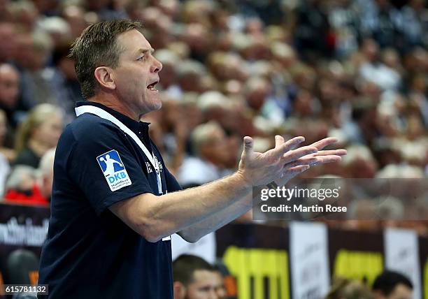 Alfred Gislason, head coach of Kiel reacts during the DKB HBL Bundesliga match between THW Kiel and TSV Hannover-Burgdorf at Sparkassen Arena on...