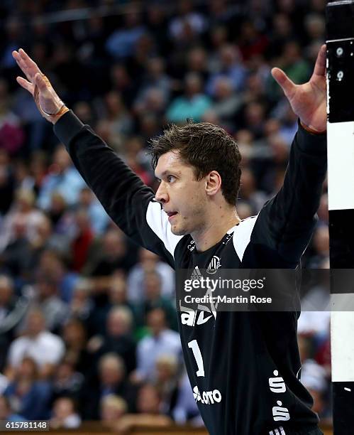 Niklas Landin, goalkeeper of Kiel in action during the DKB HBL Bundesliga match between THW Kiel and TSV Hannover-Burgdorf at Sparkassen Arena on...