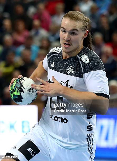 Lukas Nilsson of Kiel in action during the DKB HBL Bundesliga match between THW Kiel and TSV Hannover-Burgdorf at Sparkassen Arena on October 19,...