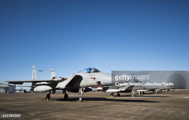 Row of 125th Fighter Wing F-15s from Jacksonville Fla. Stack the Eglin Air Force Base flightline Oct. 7, October 7, 2016. The Air National Guard unit...