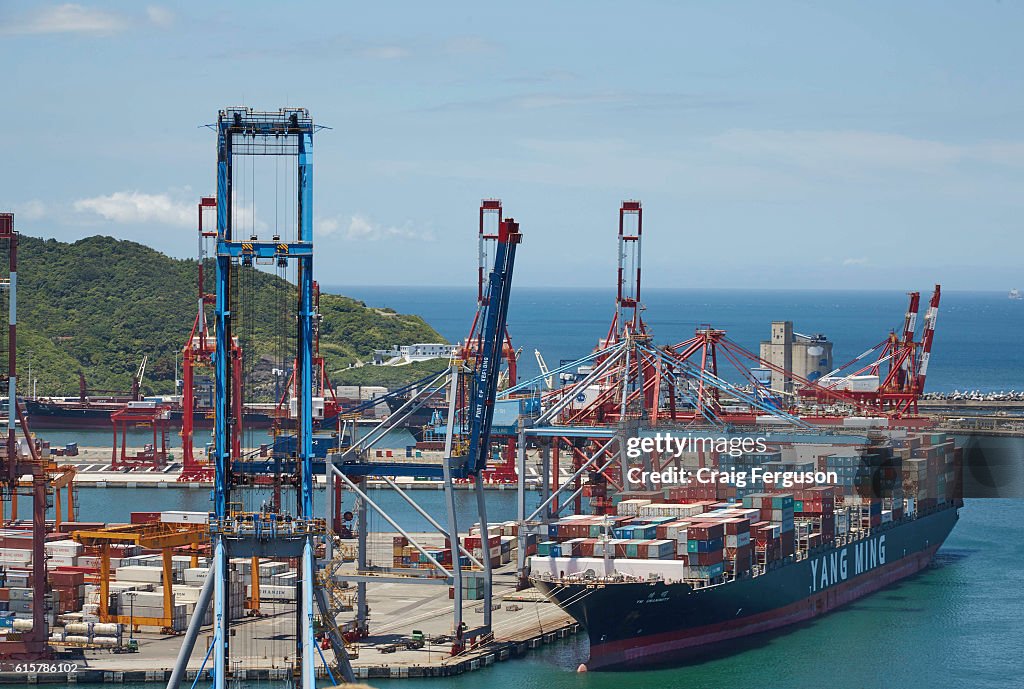 Container ship YM Unanimity seen docked at its home port in...