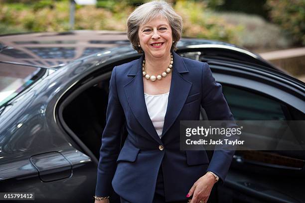 British Prime Minister Theresa May arrives at the Council of the European Union on the first day of a two day summit on October 20, 2016 in Brussels,...