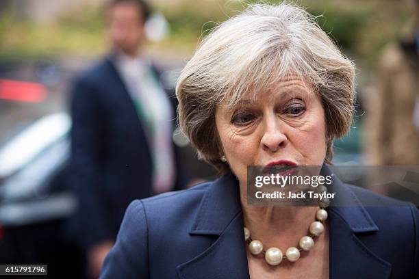 British Prime Minister Theresa May arrives at the Council of the European Union on the first day of a two day summit on October 20, 2016 in Brussels,...