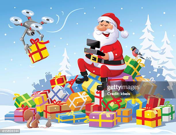 Santa Using Drones Santa Claus Delivering Christmas Presents With A Drone High-Res Vector ...