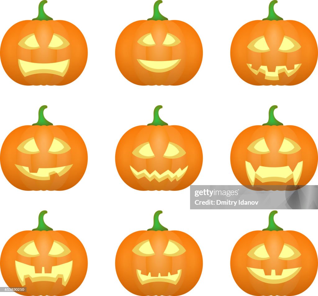 Halloween Talladas Calabazas Conjunto De Emociones De Rostro Tallado Vector  Ilustración de stock - Getty Images