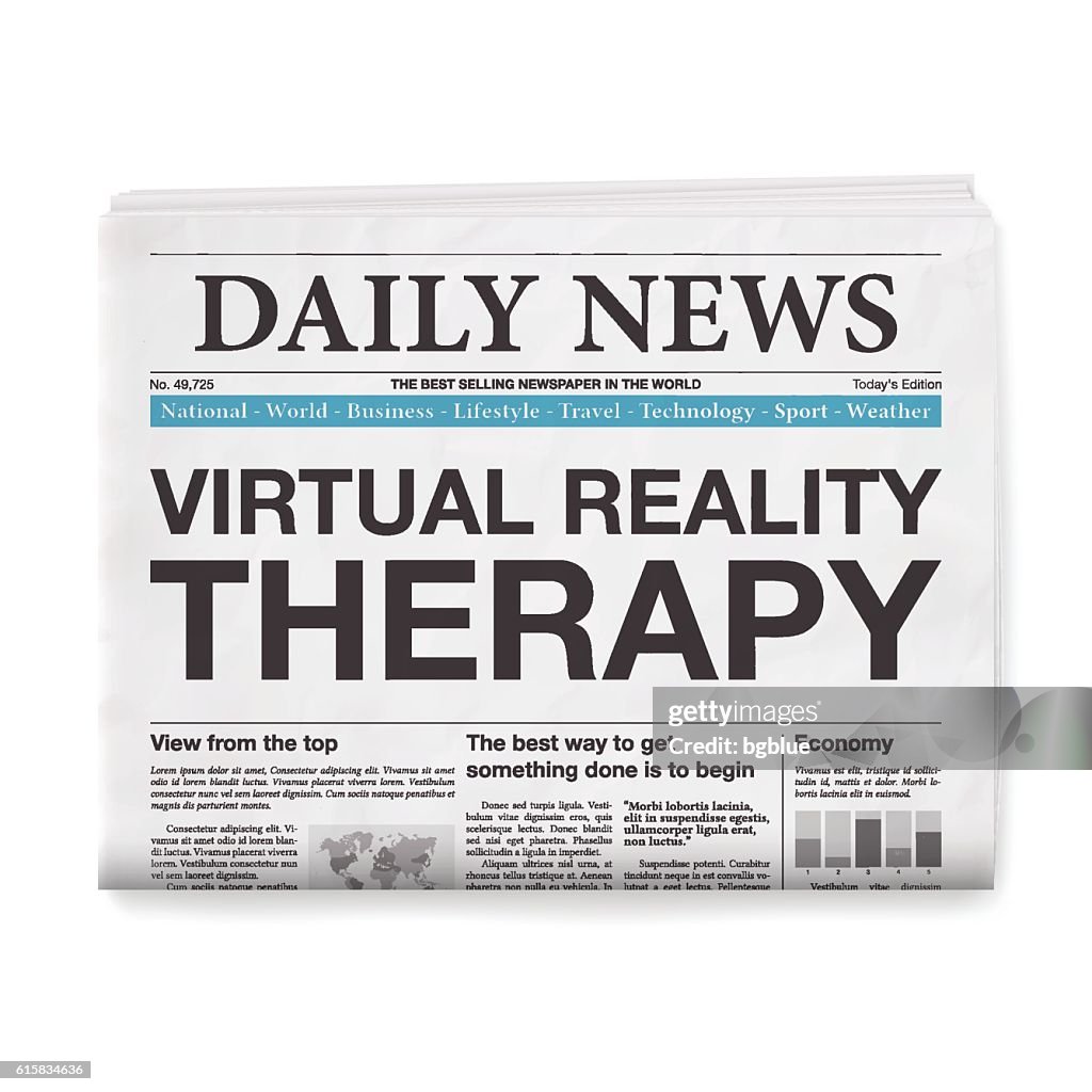 Virtual Reality for Therapy Headline. Newspaper isolated on White Background