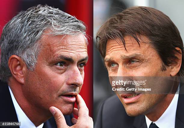 In this composite image a comparision has been made between Manager of Manchester United and ex-Chelsea manager, , Jose Mourinho and Antonio Conte...