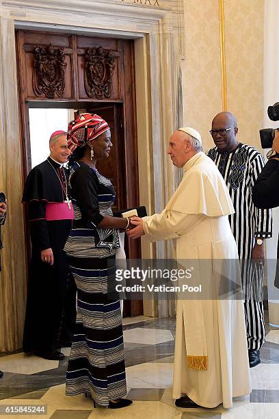 Pope Francis meets President of Burkina Faso Rock Marc Christian Kabore and his wife at the Apostolic Palace on October 20, 2016 in Vatican City,...