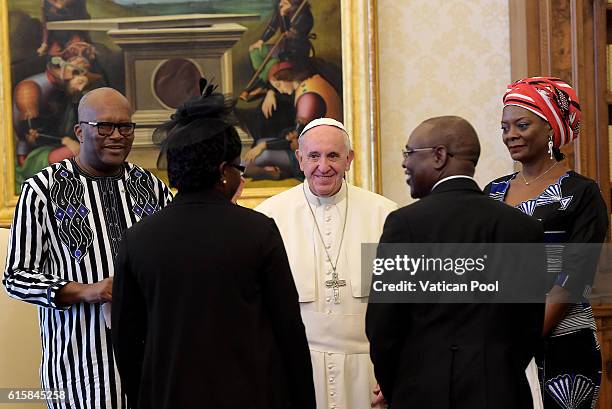 Pope Francis meets President of Burkina Faso Rock Marc Christian Kabore and his wife at the Apostolic Palace on October 20, 2016 in Vatican City,...