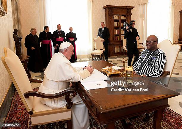 Pope Francis meets President of Burkina Faso Rock Marc Christian Kabore at the Apostolic Palace on October 20, 2016 in Vatican City, Vatican. The two...