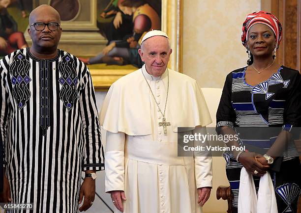 Pope Francis meets President of Burkina Faso Rock Marc Christian Kabore and his wife at the Apostolic Palace on October 20, 2016 in Vatican City,...