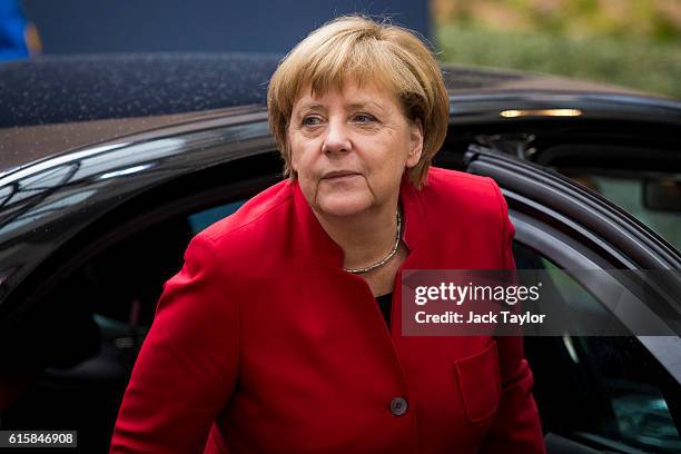 German Chancellor Angela Merkel arrives at the Council of the European Union on the first day of a two day summit on October 20, 2016 in Brussels,...