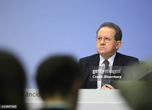 Vitor Constancio, vice president of the European Central Bank, looks on during a news conference to announce the bank's interest rate decision at the...