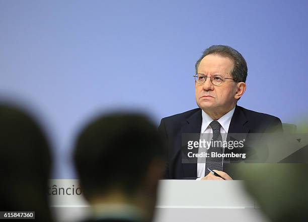 Vitor Constancio, vice president of the European Central Bank, looks on during a news conference to announce the bank's interest rate decision at the...