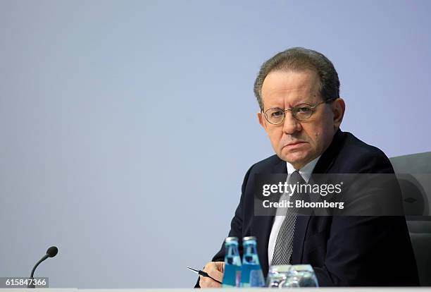 Vitor Constancio, vice president of the European Central Bank, looks on during a news conference to announce the bank's interest rate decision at the...