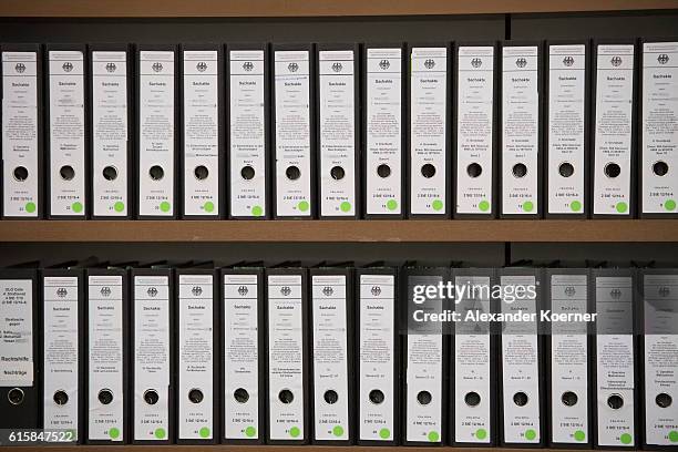 Case files are on display at the Oberlandesgericht Celle courthouse ahead of the first day of the trial aginst Safia S. On October 20, 2016 in Celle,...