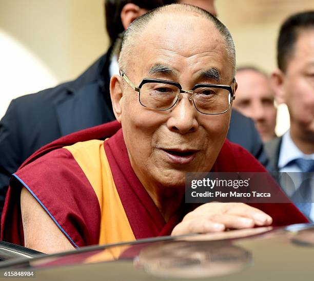 Dalai Lama leaves the meeting with the Milan Archibishop Angelo Scola on October 20, 2016 in Milan, Italy. The Dalai Lama spiritual leader of Tibetan...