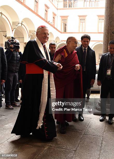 Milan Archibishop Angelo Scola welcomes Dalai Lama during a meeting with the Archbishop on October 20, 2016 in Milan, Italy. The Dalai Lama spiritual...