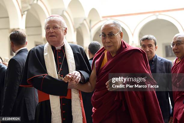 Milan Archibishop Angelo Scola welcomes Dalai Lama during a meeting with the Archbishop on October 20, 2016 in Milan, Italy. The Dalai Lama spiritual...