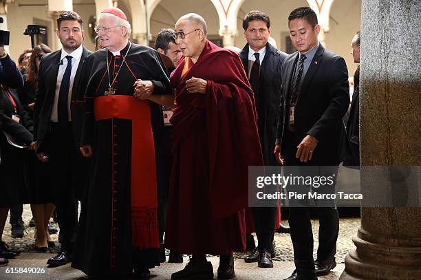 Milan Archibishop Angelo Scola welcomes Dalai Lama during a meeting with the Archbishop on October 20, 2016 in Milan, Italy. The Dalai Lama spiritual...