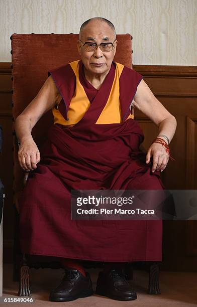 Dalai Lama during a meeting with the Milan Archibishop Angelo Scola on October 20, 2016 in Milan, Italy. The Dalai Lama spiritual leader of Tibetan...