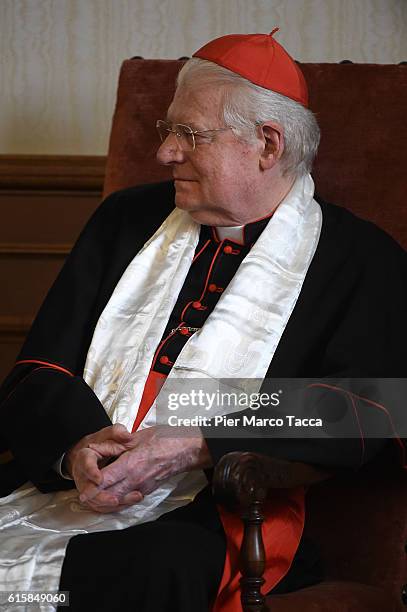 Milan Archibishop Angelo Scola looks during the meeting with Dalai Lama on October 20, 2016 in Milan, Italy. The Dalai Lama spiritual leader of...