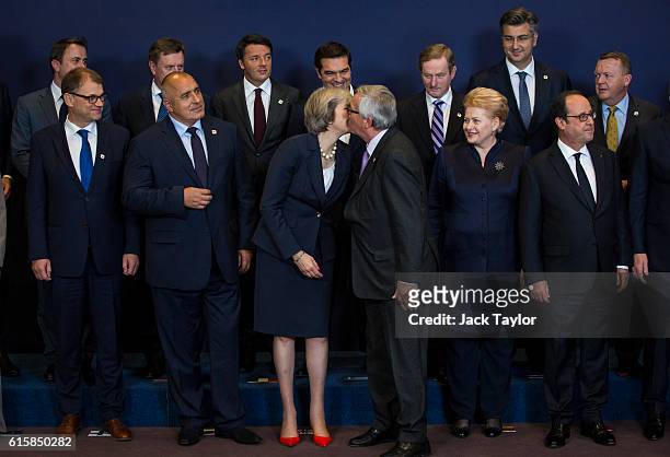 Finland's Prime minister Juha Sipil , Bulgaria's Prime minister Boyko Borissov, British Prime Minister Theresa May kissing President of the European...