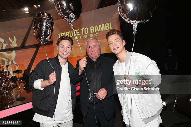 Heiko Lochmann and his twin brother Roman Lochmann and Ulli Wegner during the Tribute To Bambi after show party at Station on October 6, 2016 in...