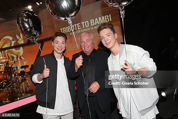 Heiko Lochmann and his twin brother Roman Lochmann and Ulli Wegner during the Tribute To Bambi after show party at Station on October 6, 2016 in...