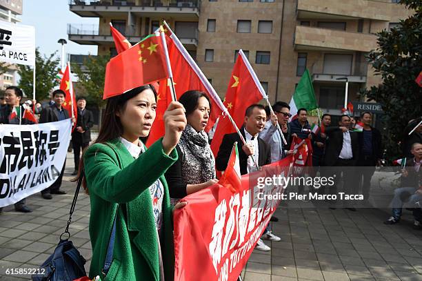 Demonstrators from the Chinese community in Milan protesting against the visit of the Dalai Lama and citizenship to onorem conferred by the City of...