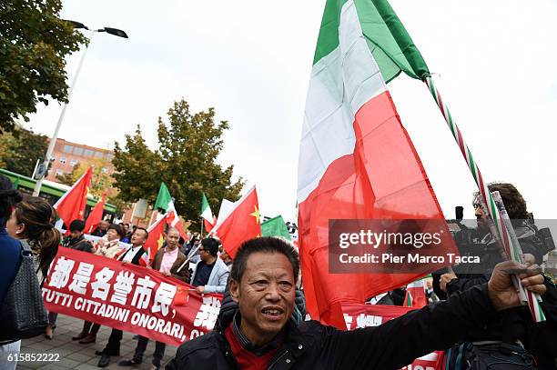 Demonstrators from the Chinese community in Milan protesting against the visit of the Dalai Lama and citizenship to onorem conferred by the City of...