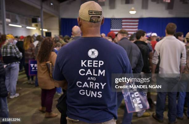 Supporter of Republican presidential nominee Donald Trump is seen during a rally at the Delaware County Fair in Delaware, Ohio on October 20, 2016. /...