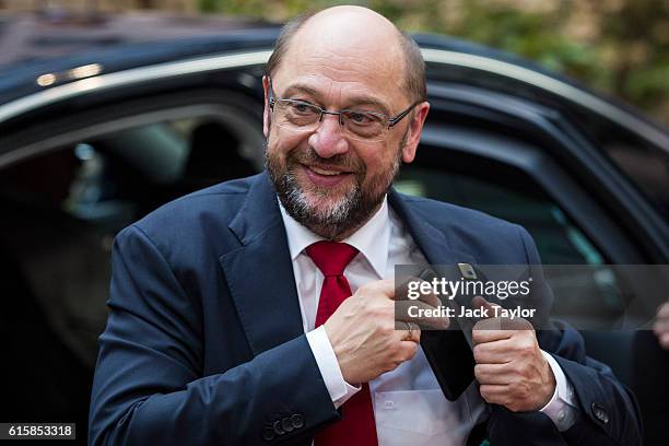 President of the European Parliament Martin Schulz arrives at the Council of the European Union on the first day of a two day summit on October 20,...