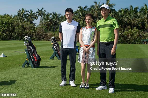 Li Haotong of China gives a clinic to golfers including Hong Kong model Karena Ng and singer Pakho Chau on the sidelines of World Celebrity Pro-Am...