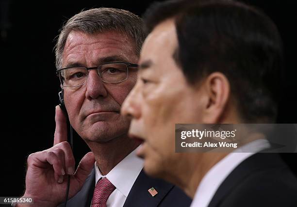 Secretary of Defense Ashton Carter and South Korean National Defense Minister Han Min Koo participate in a joint press conference October 20, 2016 at...