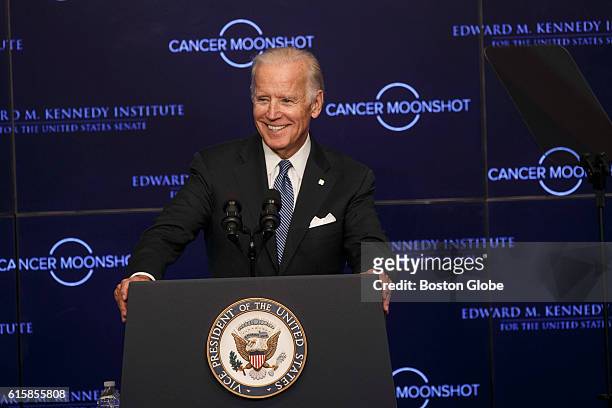 Vice President Joe Biden speaks about the Cancer Moonshot Initiative, a national effort to end cancer, at the Edward M. Kennedy Institute in Boston...