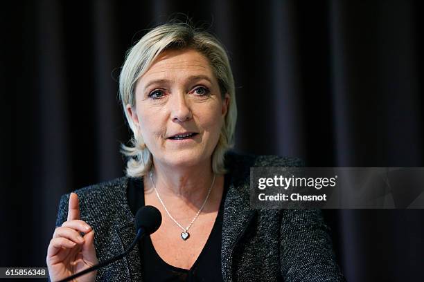 President of French far-right Front National party Marine Le Pen delivers a speech during a meeting on the theme "Ageing well, a major issue in the...