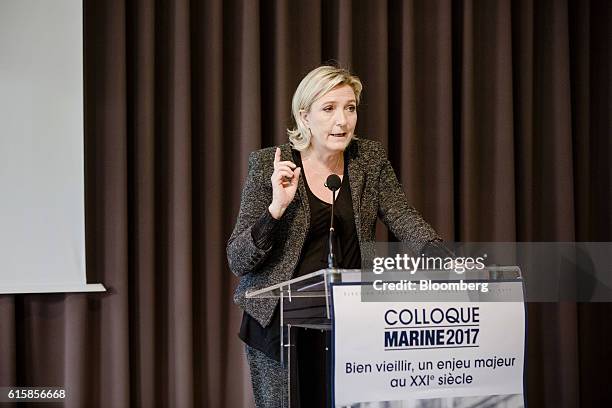 Marine Le Pen, leader of the French National Front, speaks during a party debate in Paris, France, on Thursday, Oct. 20, 2016. Once seen as fringe...