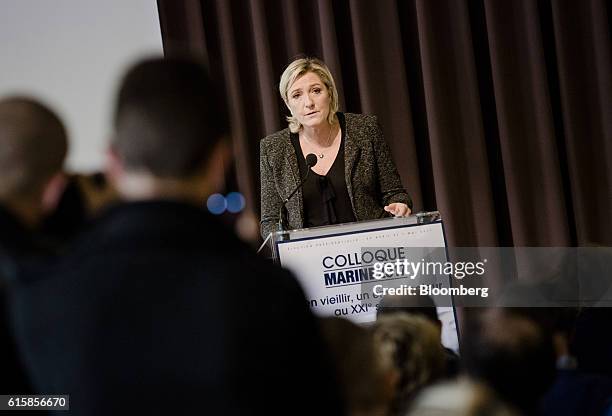 Marine Le Pen, leader of the French National Front, speaks during a party debate in Paris, France, on Thursday, Oct. 20, 2016. Once seen as fringe...